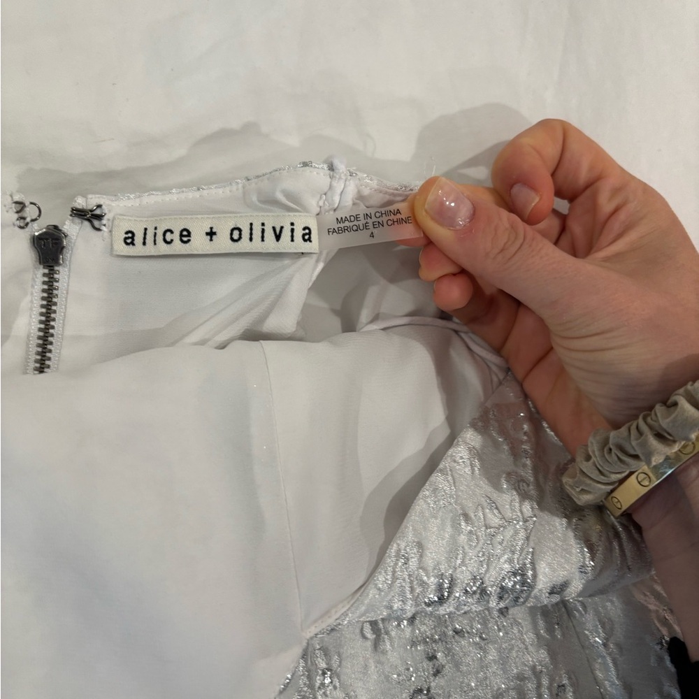 Alice + Olivia White and Silver Patterned Dress